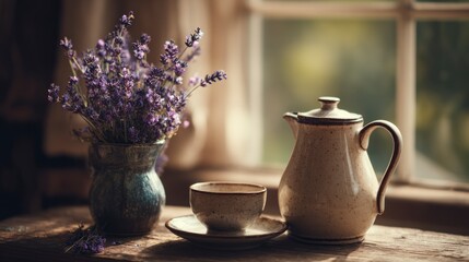 Lavender bouquet and teapot by window