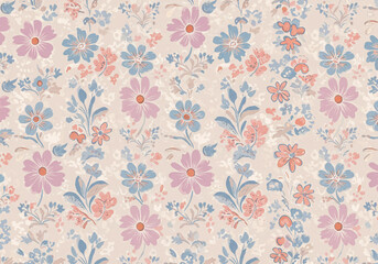 Charming pastel floral pattern with delicate blooms and leaves, perfect for vintage textiles and shabby chic decor