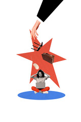 Poster artwork collage of young woman sitting working arm head panic furious angry boss isolated on drawing background