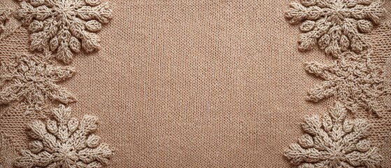A close up photo showcasing the texture of a cozy beige knitted fabric with a border of snowflakes, perfect for a winter theme.