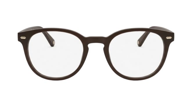 Isolated round eyeglasses, brown frame, clear lenses for reading, sight, or eyewear style