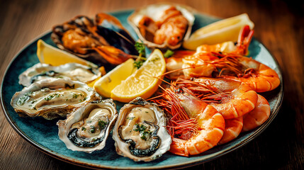 Seafood platter with oysters prawns and lemon restaurant
