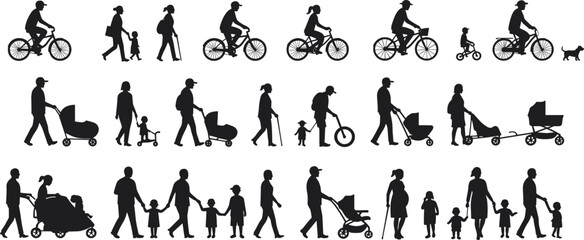 Family silhouettes walking, biking, pushing strollers with kids and pets — black vector set ideal for parenting, lifestyle, advertising, and design projects