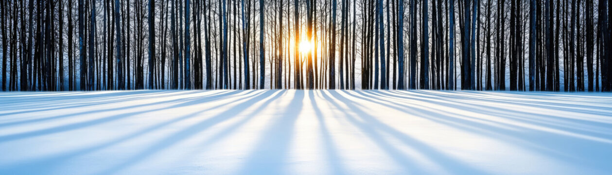 snow covered forest with tall trees casting long shadows in sunlight creates peaceful winter scene. bright sun peeks through trees, illuminating snowy ground
