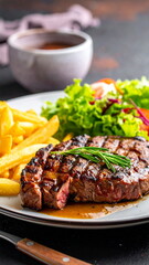 Close-up of a grilled beef steak served with french fries and fresh salad on a plate. Delicious gourmet meal for dinner or lunch, concept of tasty and balanced cuisine.