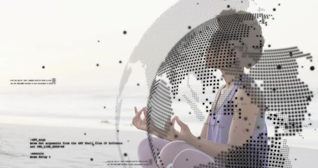 Tech map overlay fading in over yogi, globe rotating around and code scrolling showing connectivity - Powered by Adobe