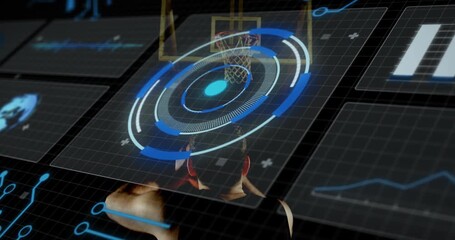 Male athlete standing on court with grid forming, HUD tracking basketball shot for sports training - Powered by Adobe