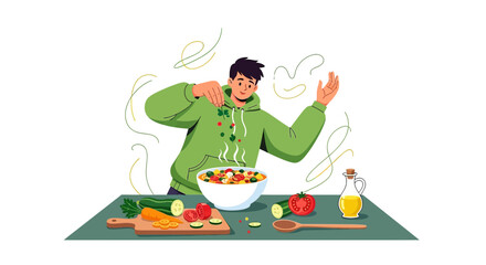 Enthusiastic young man prepares vibrant vegetable salad with fresh ingredients at home