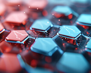 Hexagonal patterns in red and blue create vibrant, dynamic surface with glossy finish. interplay of colors and light adds depth and intrigue to design, evoking sense of modernity and innovation