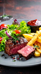 Close-up of a grilled beef steak served with french fries and fresh salad on a plate. Delicious gourmet meal for dinner or lunch, concept of tasty and balanced cuisine.