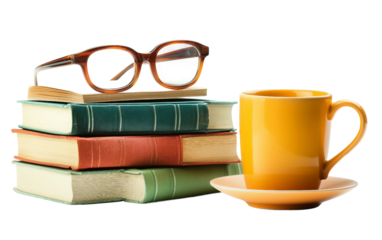 Neatly stacked books with reading glasses on top creating a cozy and intellectual home library setup isolated on transparent background PNG