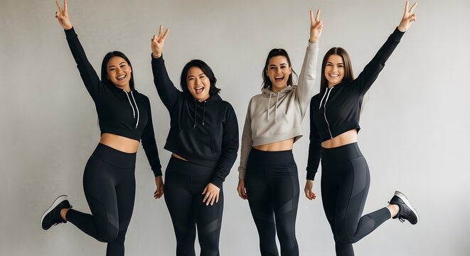 Four young women smiling and laughing together in a park, diverse friends enjoying a sunny day outdoors. - Powered by Adobe