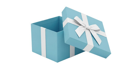 Isolated light blue gift box with lid and white ribbon, ready to give an amazing present