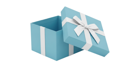 Isolated light blue gift box with lid and white ribbon, ready to give an amazing present