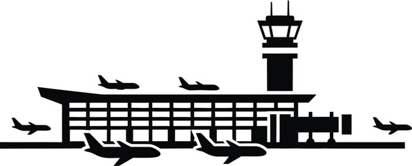 Fototapeta premium Modern airport terminal building with airplanes and control tower silhouette