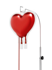 Blood inside heart shaped bag on transparent background. 3D illustration