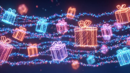 A festive arrangement of various gift boxes hanging on a string of twinkling lights, creating a charming Christmas shopping promotion background.