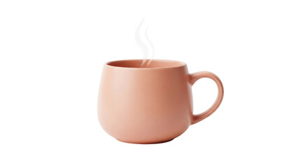 Isolated, a single peach-colored mug with steam rising from it on a seamless background