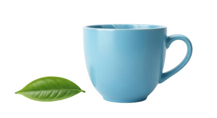 Isolated azure tea cup with green tea leaf still life on plain background for advertisement