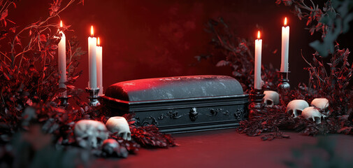 dark and eerie scene featuring vintage coffin surrounded by candles, skulls, and foliage, creating haunting perfect for Halloween or gothic themes