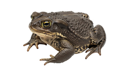 Isolated brown toad on plain backdrop, amphibian with textured skin and golden eyes