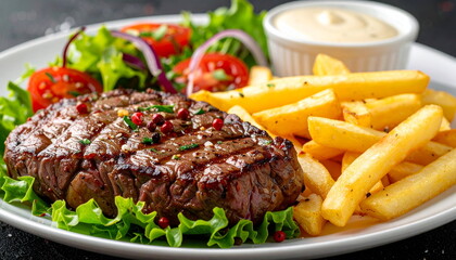 Close-up of a grilled beef steak served with french fries and fresh salad on a plate. Delicious gourmet meal for dinner or lunch, concept of tasty and balanced cuisine.
