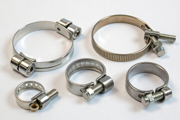 Clean product display of assorted metal band clamps, useful for fixing hoses and pipes securely