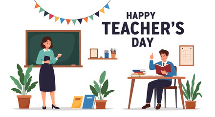 flat style illustration of teachers in a classroom celebrating Teacher’s Day with books, chalkboard, and globe, symbolizing education, learning, and appreciation in a vibrant academic environment