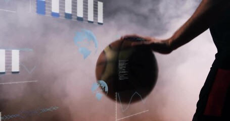Male athlete dropping ball then dribbling ball, syncing sports analytics charts visualizing metrics - Powered by Adobe