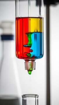 Colorful liquid separation experiment in a laboratory setting.