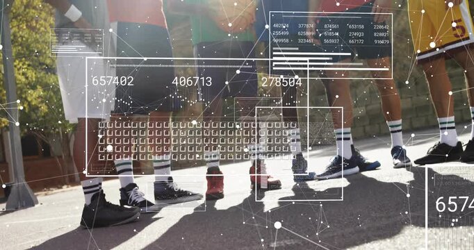Six basketball players linking arms shadows sparking sports analytics overlay showing metrics - Powered by Adobe