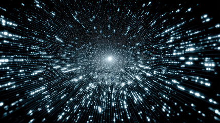 Fototapeta premium High-speed journey through a glowing data or hyperspace wormhole. Big Data and digital transformation concept. Abstract network connection moving towards the future.