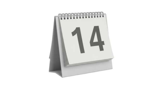 Isolated calendar with number 14 on desktop, time reminder and planning date concept