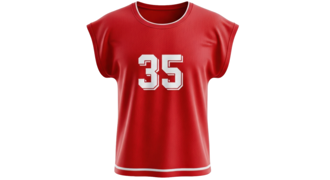 Isolated red athletic sport jersey with number 35, sleeveless uniform, clothing apparel item