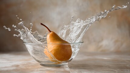 Pear splashing in bowl