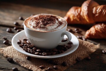Hot cappuccino coffee cup with cocoa powder foam on rustic wooden table and fresh croissants for breakfast