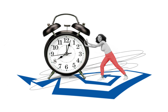 Composite photo collage of happy american girl push big alarm clock deadline regime arrow rime management isolated on painted background