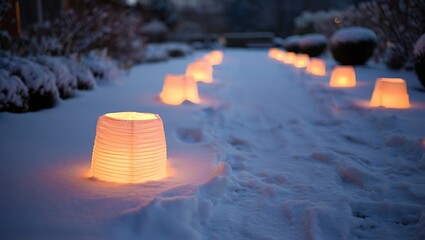 Enchanting Winter Night: Glowing Lanterns Illuminate a Snowy Path, Perfect for Holiday Celebrations and Warmth Concepts