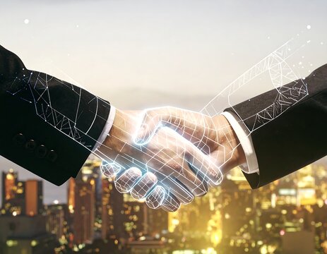 Business handshake overlaid with digital network - Powered by Adobe