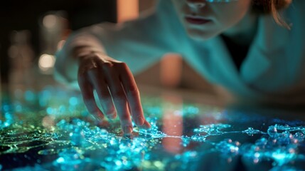 Person examining glowing crystals