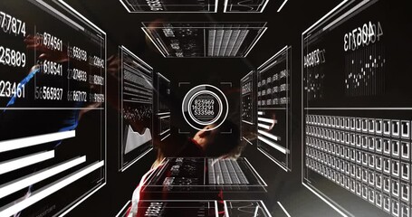 On HUD activation two athletes diving into wireframe tunnel while sports analytics charts updating - Powered by Adobe