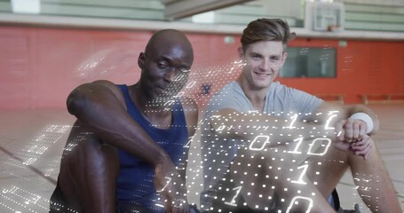 Coach entering basketball court spurring teammates focusing attention, analyzing data overlay - Powered by Adobe