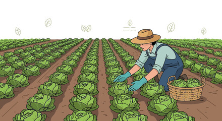 Illustration showcasing a farmer harvesting ripe cabbages in a vast agricultural field