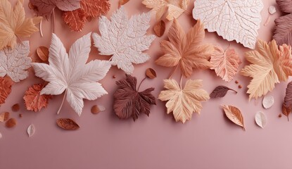 A flat lay design showcases various autumnal leaves in muted shades of beige, brown, and white, arranged artistically against a pale pink background.
