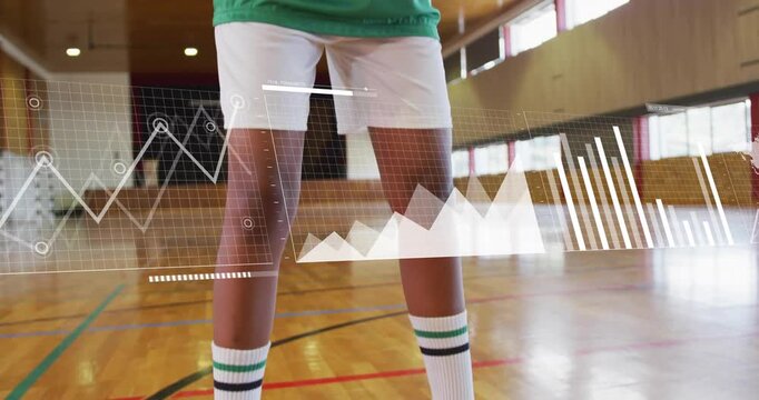 female athlete dribbling ball in gym causing tech analytics graphs forming shot probability chart