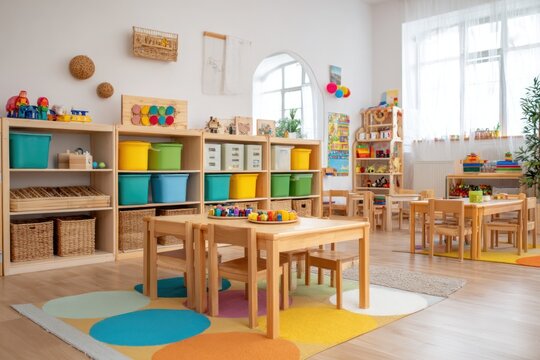 Bright Preschool Room with Toys and Learning Tables