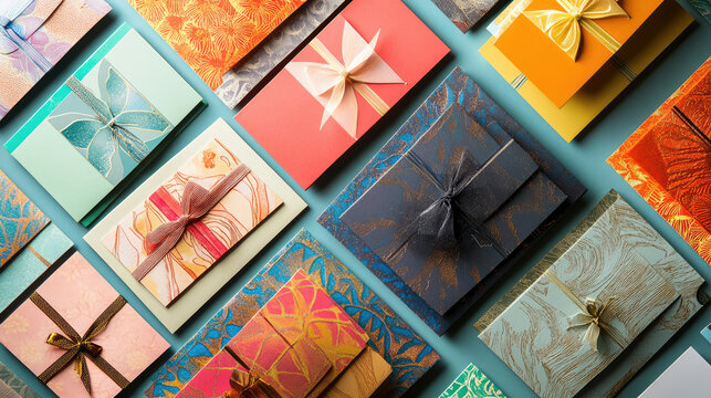 Colorful gift boxes arranged in vibrant pattern, various designs and ribbons. Perfect for celebrations and special occasions