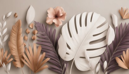 A sophisticated arrangement of pastel-colored paper leaves and flowers, beautifully arranged against a muted beige background.