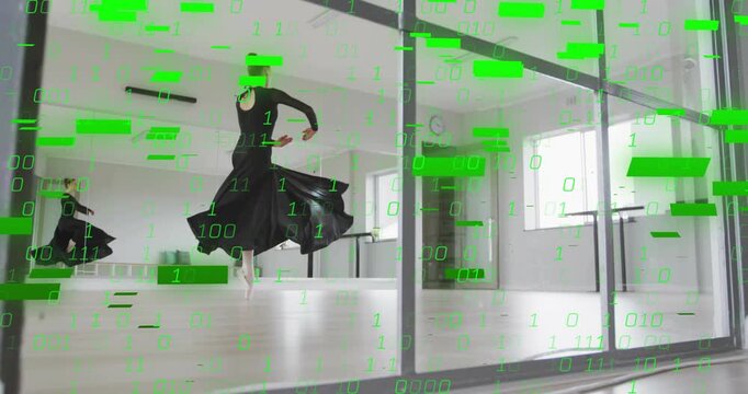 Female dancer pirouetting behind glass pane sparking binary code overlay fueling tech visualization
