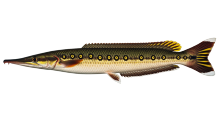 Isolated Longnose Gar Fish, an ancient and distinctive freshwater species from North America